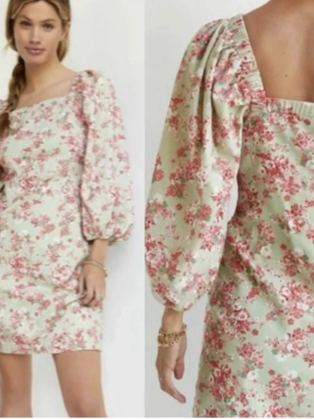 Anthropologie Mint Green Mini Dress with Pink Floral Print